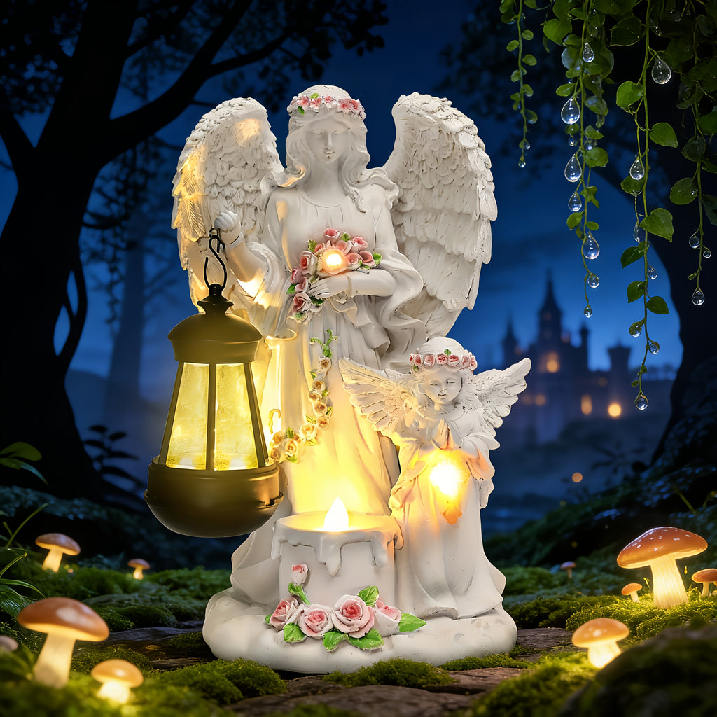 OTDECOR 1-Piece Angel Lantern Outdoor Statue, Flower-Decorated Winged Angel Outdoor Tabletop Decoration, Soft Warm Light Angel Ornament Outdoor Tabletop Accessory, Quiet Patio Garden Outdoor Decor Outdoor Tabletop Statue