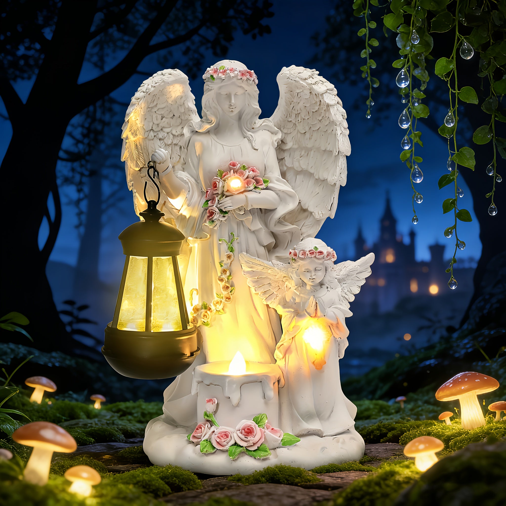 OTDECOR 1-Piece Angel Lantern Outdoor Statue, Flower-Decorated Winged Angel Outdoor Tabletop Decoration, Soft Warm Light Angel Ornament Outdoor Tabletop Accessory, Quiet Patio Garden Outdoor Decor Outdoor Tabletop Statue