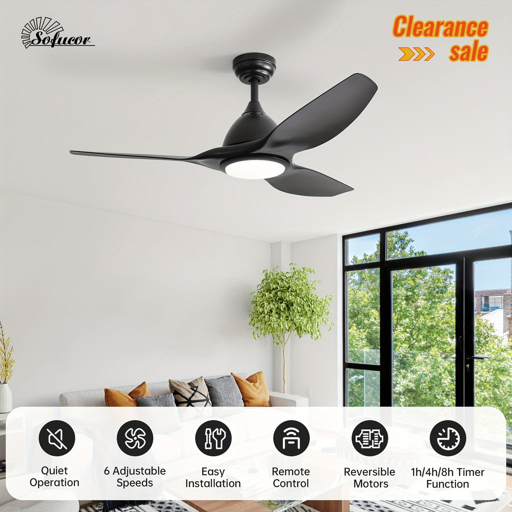 Sofucor 52-Inch Black Ceiling Fan, 3 Blades, 22W Dimmable LED Light, Memory Function, Reversible 6-Speed DC Motor, Ideal for Bedroom, Kitchen, Living Room