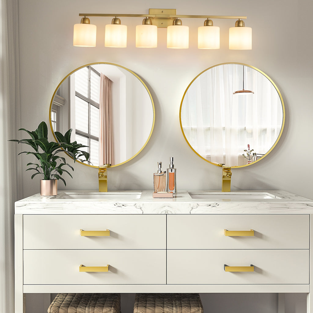 38-Inch 6-Light Bathroom Mirror Light Fixture (Copper), Stylish Modern Bathroom Wall Light, Wall-Mounted Lighting with Metal Frame and White Jade Glass Shade, Perfect for Mirror, Bedroom, Living Room and Hallway (E26 Bulb Base, Bulb Not Included)