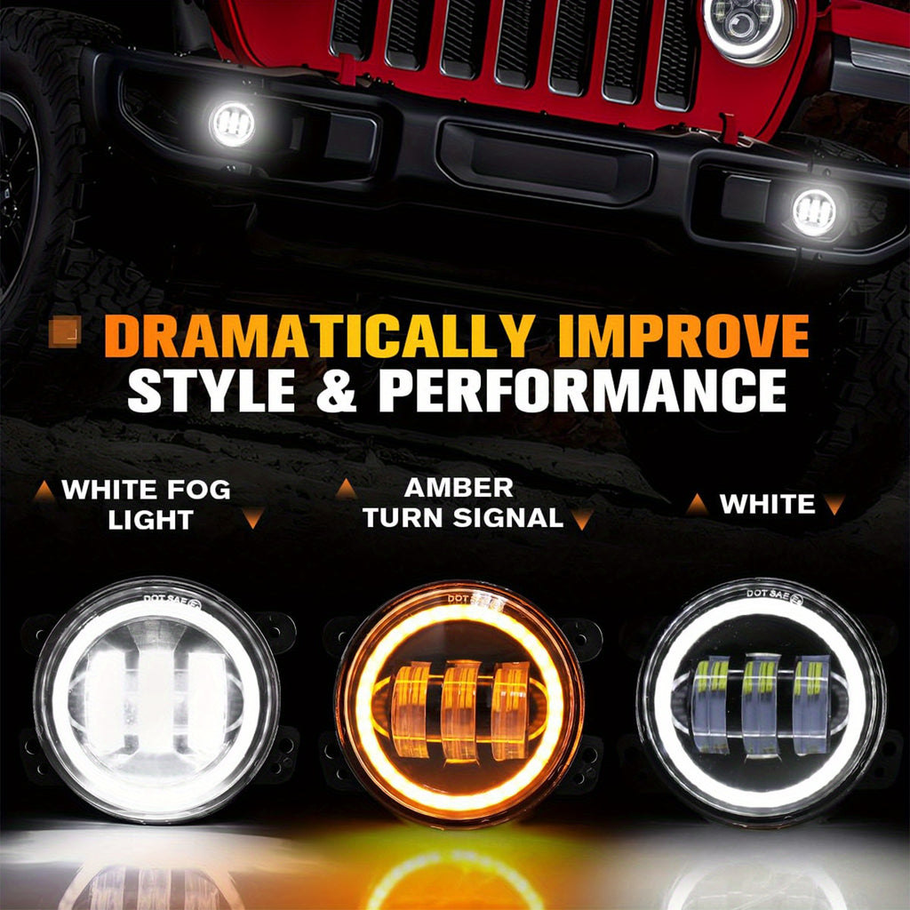 4英寸 LED 雾灯，带白色天使眼环，专为 JEEP Wrangler JK Unlimited JKU 2007-2018 年款设计，包括白色日间行车灯和琥珀色转向信号灯
