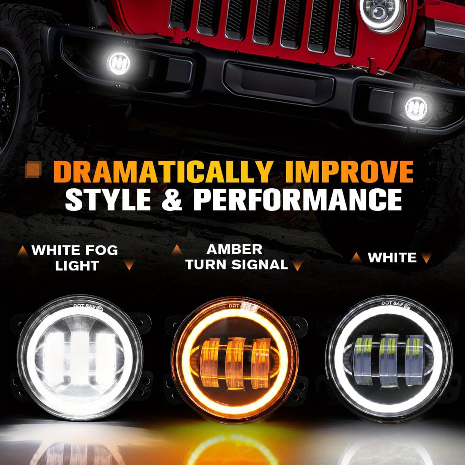 4英寸 LED 雾灯，带白色天使眼环，专为 JEEP Wrangler JK Unlimited JKU 2007-2018 年款设计，包括白色日间行车灯和琥珀色转向信号灯