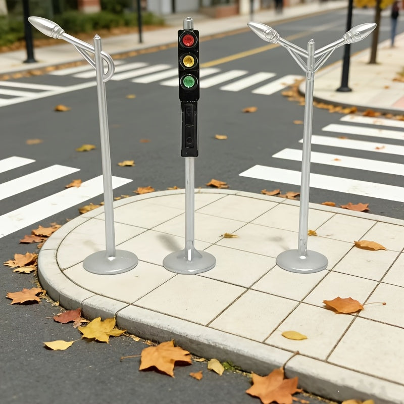 3pcs Miniature Traffic Light & Street Lamp Model Set, Dollhouse Simulation Street Scene Ornament, Signal Light for Sand Table & Architectural Scene Accessories