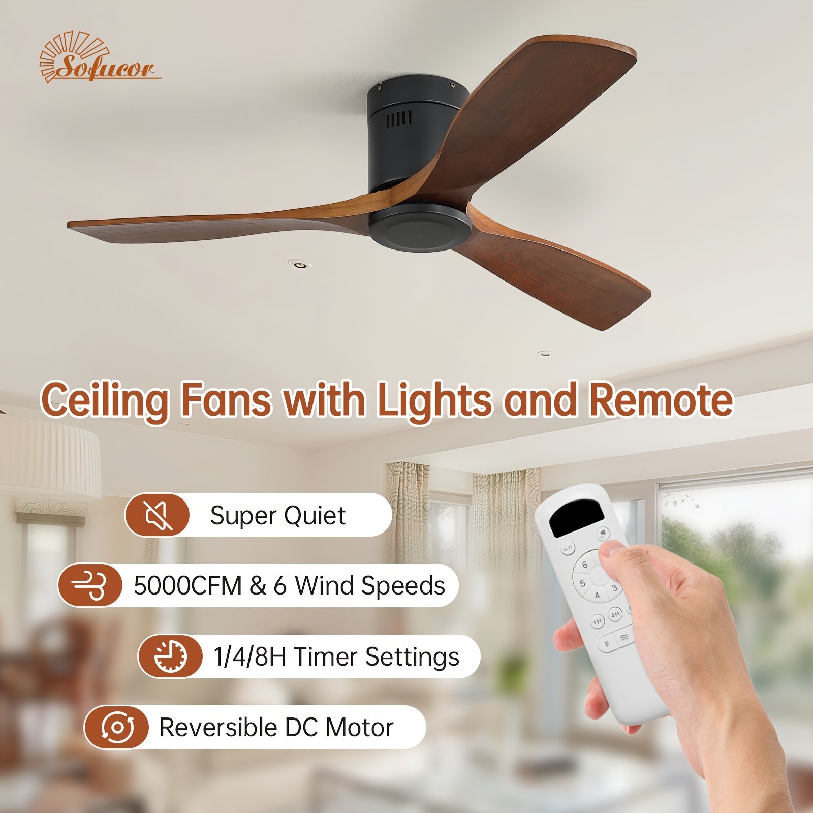 Sofucor 1pc 52" Flush Mount Ceiling Fan, Low Profile Ceiling Fan with Remote Control, Outdoor Ceiling Fan with 3 Double-Sided Walnut Blades, Noiseless DC Motor