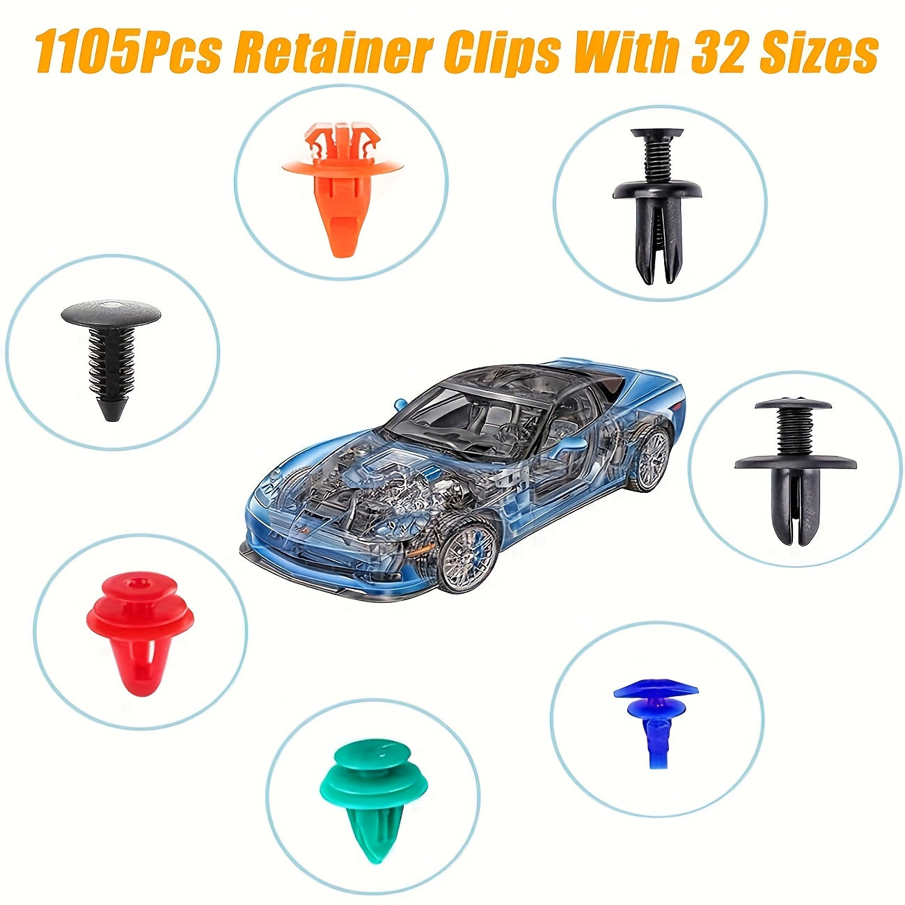 1240-Piece Automotive Push Retainer Clips & Fasteners Assortment – 1105 Push-Type Retainers, 32 Sizes of Fastener Clips, 10 Cable Ties & Fastener Removal Tool – Auto Repair Kit for Hood, Bumper & More