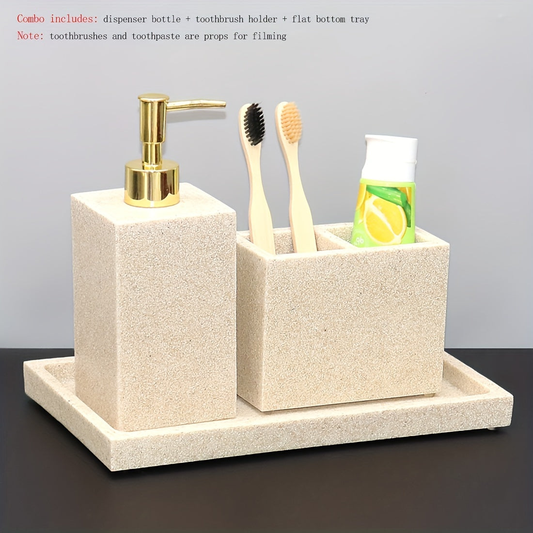 3-Piece Marble Grain Sandstone Finish Soap Dispenser & Toothbrush Holder Countertop Tray - Home Bathroom Apartment Decor Accessories, Soap Bottle Set