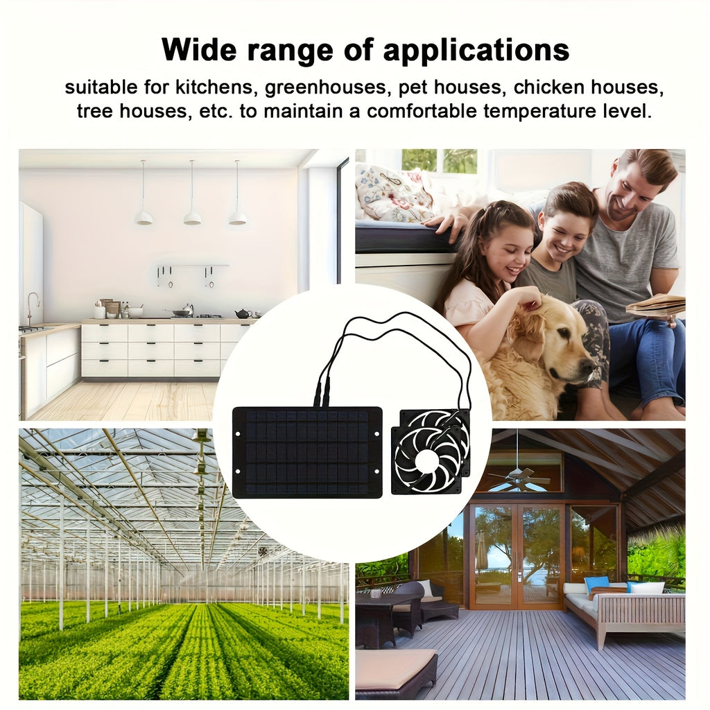 10W/12V Dual Fan Solar Powered Electric Ventilator, Solar Ventilation Exhaust Fan Kit for Outdoor Air Circulation, Ideal for Chicken Coop, Greenhouse, Shed, Pet House and Window Use, Battery-Free Operation