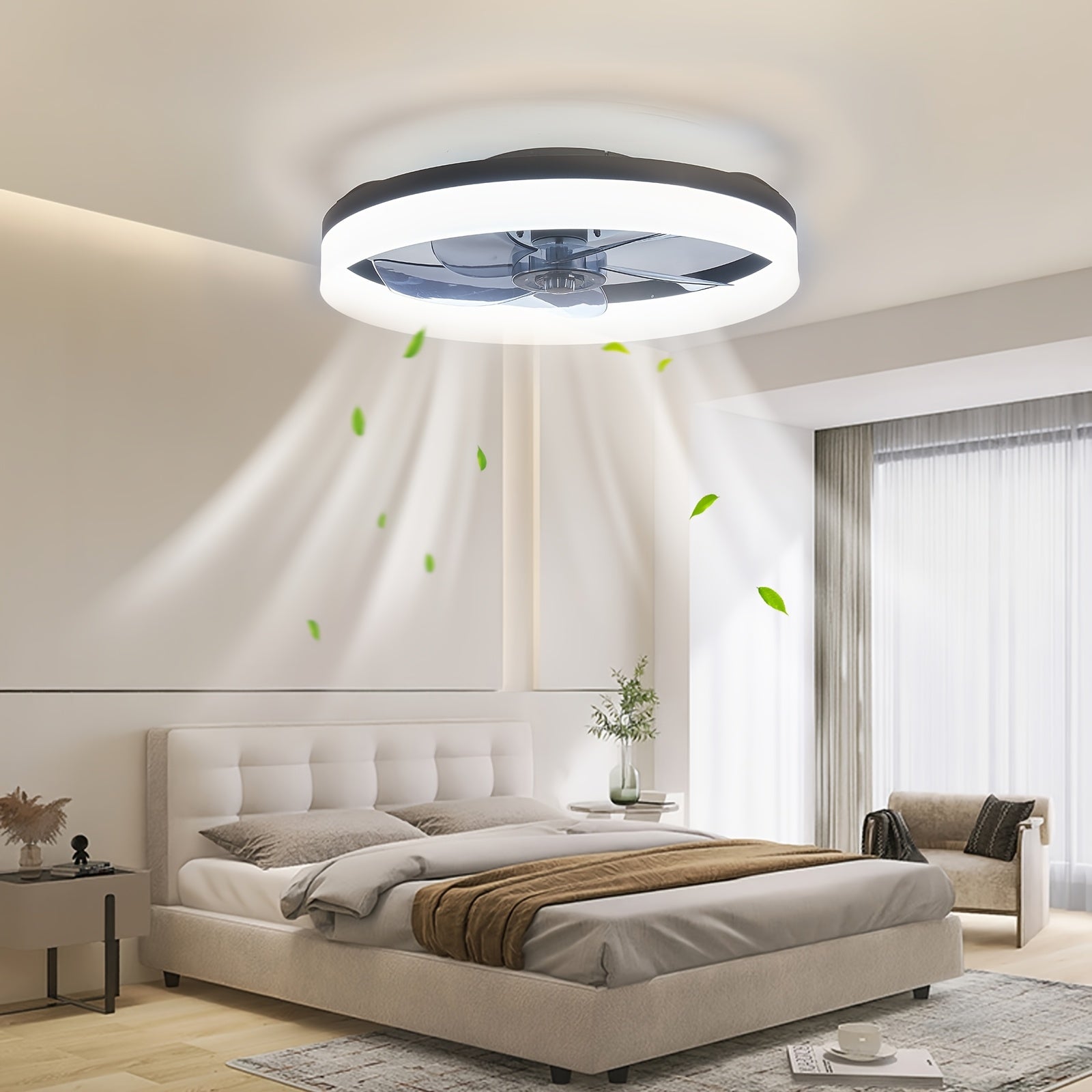 Modern Low Profile Ceiling Fan with Light and Remote, 19.7 Inch, Adjustable Color Temperature & 6 Speed Settings, Black, for Bedroom, Room & Living Room