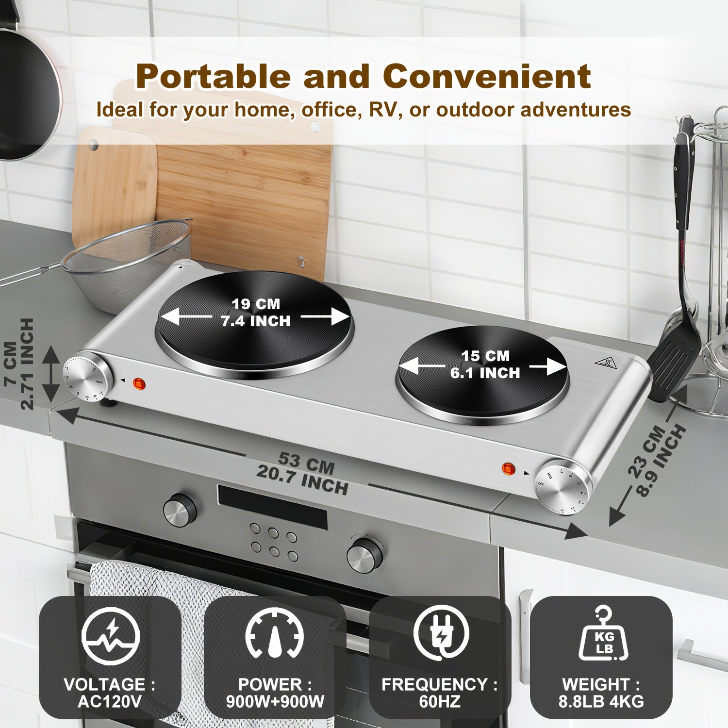 CUSIMAX Electric Hot Plate, Portable Double Burner Electric Stove, 1800W Cast Iron Double Cooktop, Compatible with All Types of Cookware, Stainless Steel