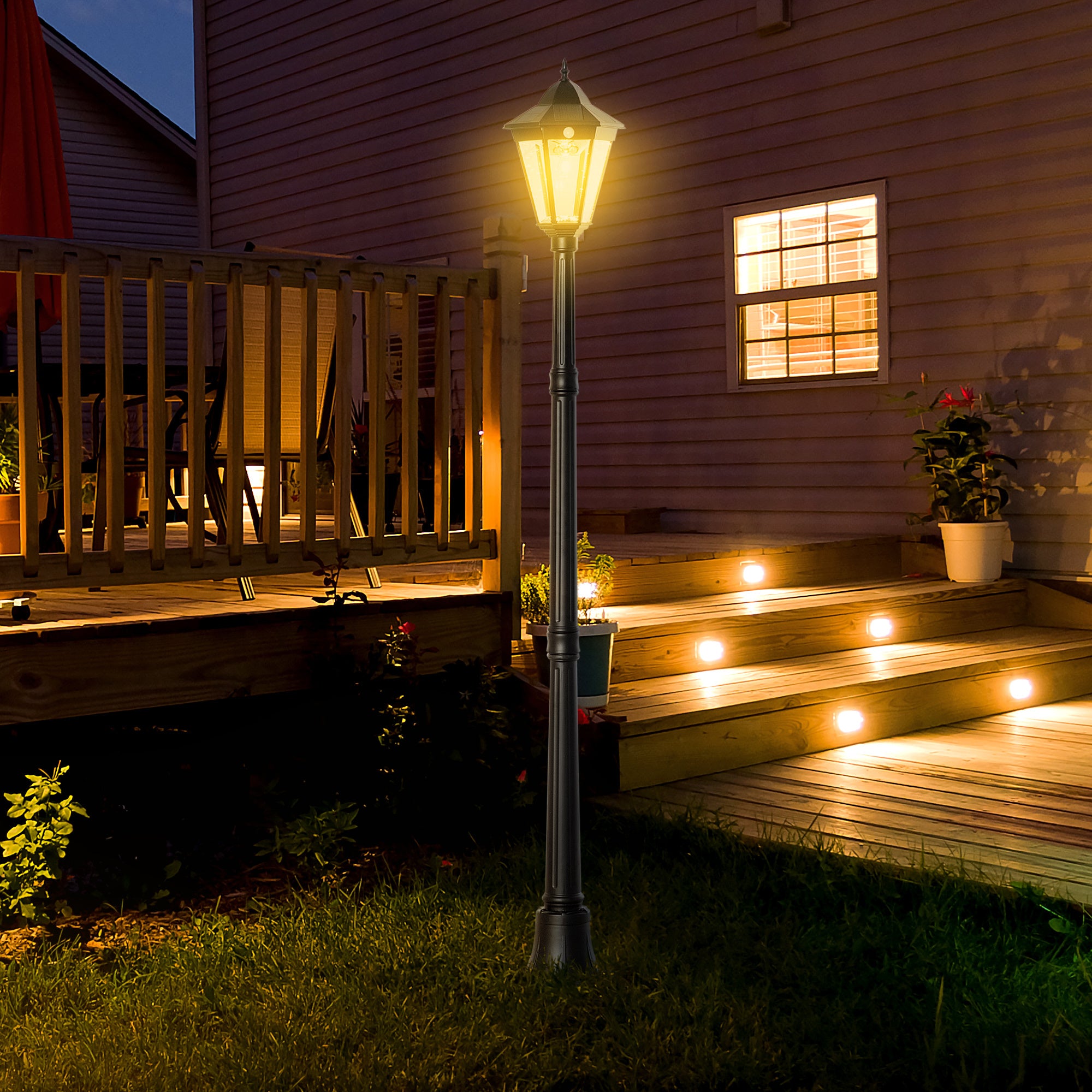 77-Inch Solar Lamp Post Light, Aluminum Outdoor Street Light Garden Light, PIR Motion Activated Sensor, Adjustable Brightness, Perfect for Lawn, Walkway, Driveway, Black