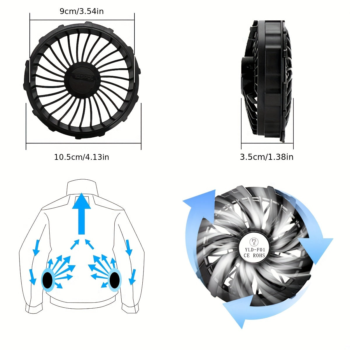 Wearable USB Workwear Cooling Fan Accessory, 9 Blades 3 Speed Adjustable Work Jacket Fan, Brushless Motor, Super Large Airflow Cover, Detachable 3.54 Inch Aperture, Universal Fit for All Work Clothes, 5V USB Cooling Fan