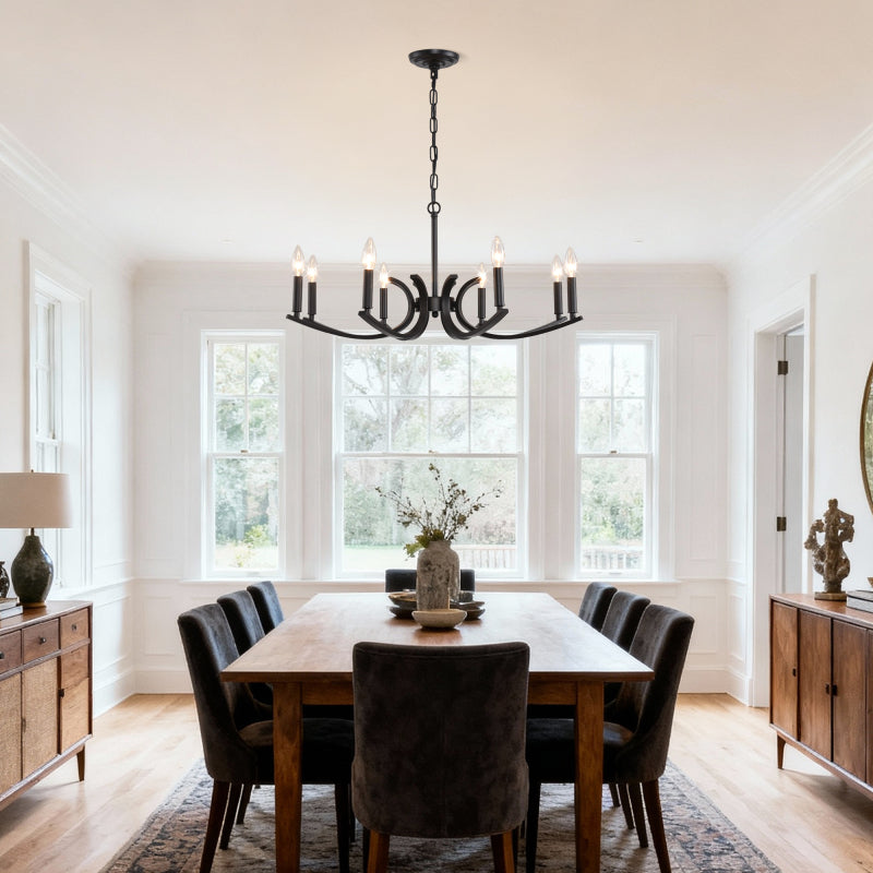 8-light farmhouse style chandelier, black metal branched chandelier, industrial style high ceiling living room dining room foyer lighting fixture, adjustable height - E12 base
