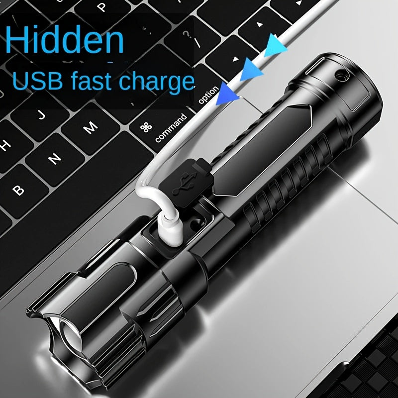 1Pc Super Bright USB Rechargeable Flashlight, Adjustable Zoom and Wide Angle Beam, Handheld Dimmable Light, 150 Lumen 7874.02 Inch Lighting Range, Essential for Emergency Preparedness and Camping Gear