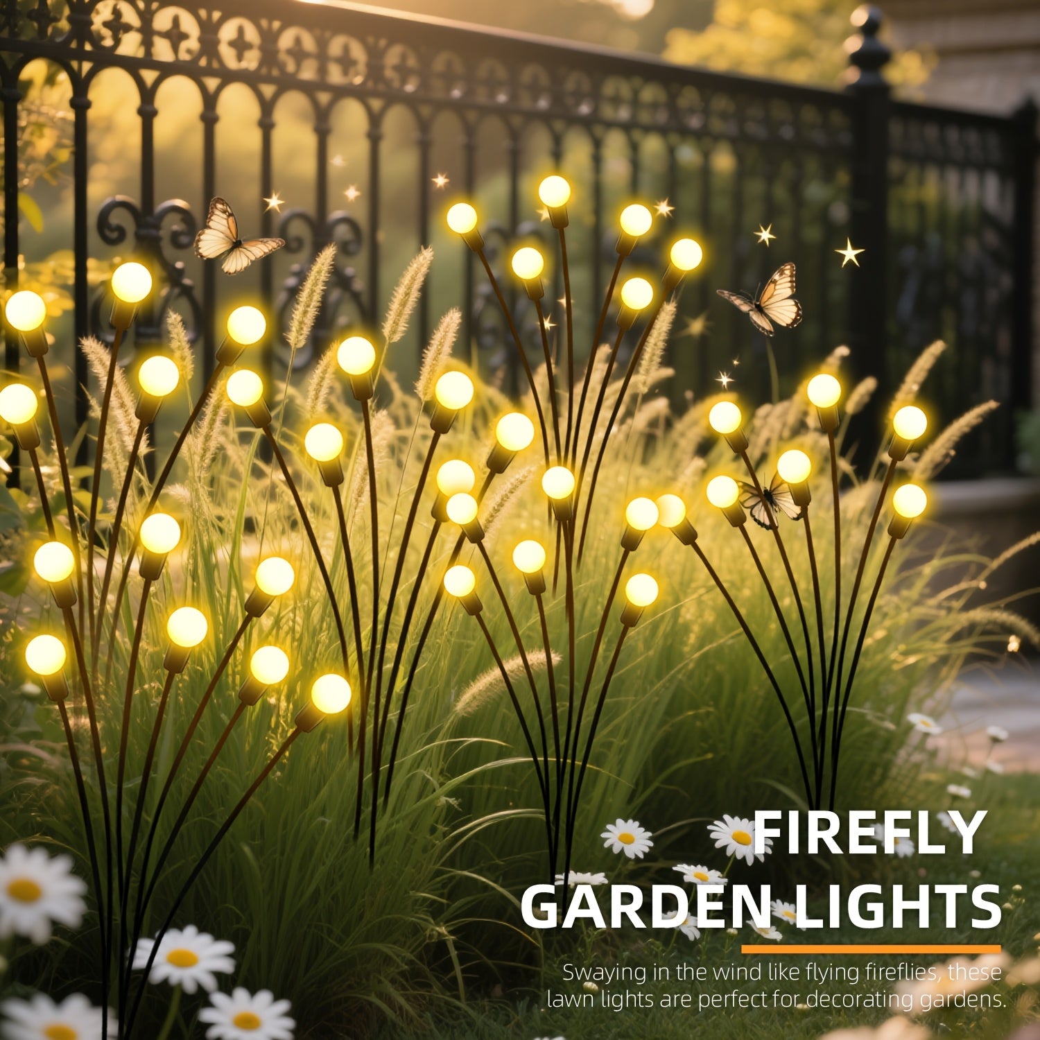 Set of 4 Solar Firefly Garden Lights, Equipped with 32 LED Beads, Featuring 12 Different Lighting Modes. These Lights Automatically Turn On at Night, Perfect for Use in Courtyards, Walkways, Gardens, Parties, Weddings, Festivals and Camping Decor.