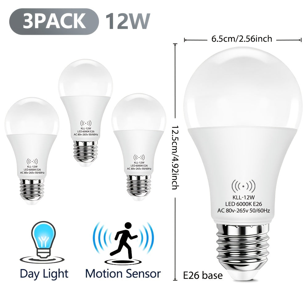 Kasotile sensor bulb, adjustable detection range, 12W (equivalent to 100W incandescent), A21 sensor indoor/outdoor bulb, automatic sensing, dusk-to-dawn automatic lighting, LED bulb, daylight color temperature 6000K, E26 base, 1100 lumens, 3-pack