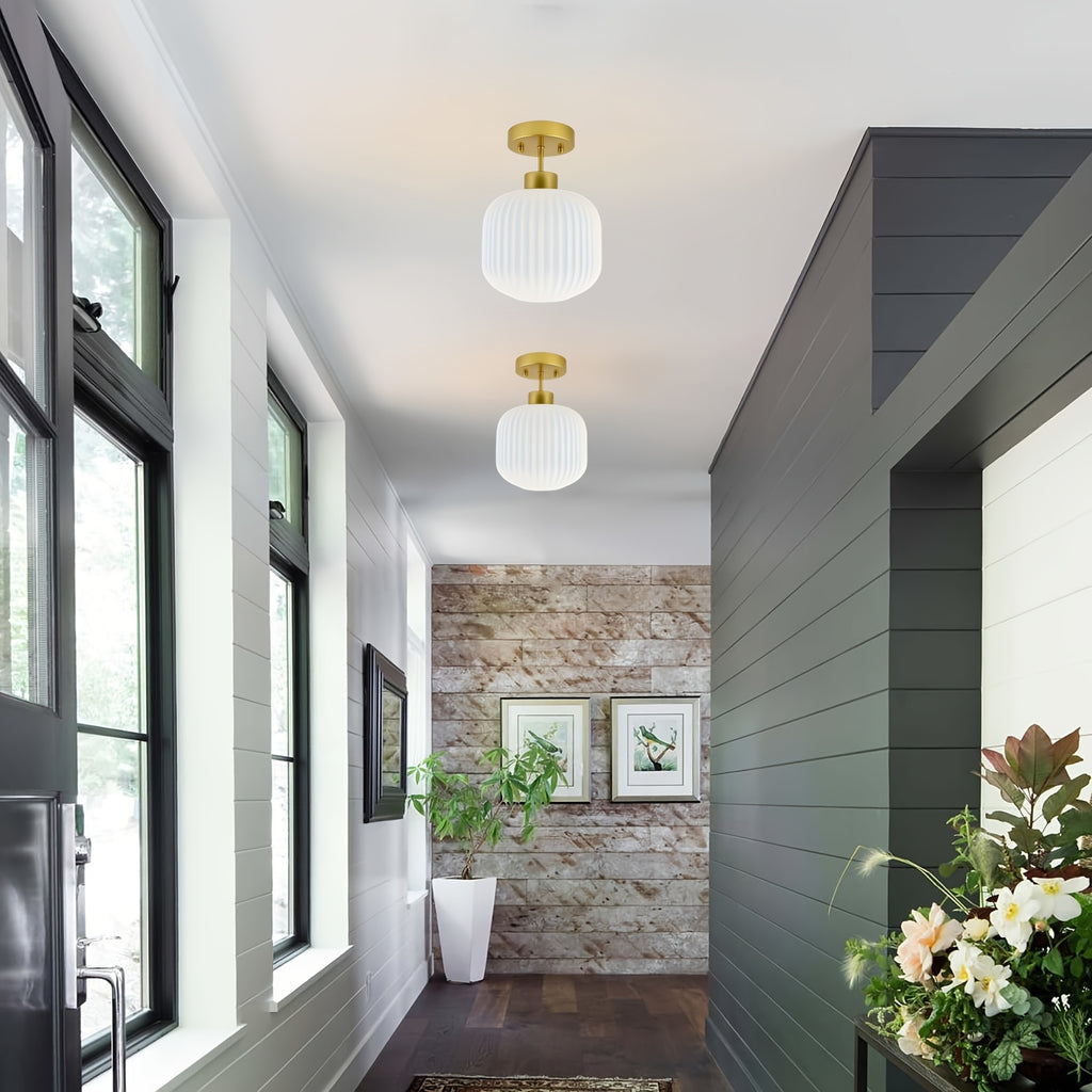 Vintage semi-flush mount ceiling light, lighting milk glass ceiling light fixture, gold and white flush mount ceiling light brass globe ceiling light frosted glass semi-flush ceiling, suitable for farmhouse, kitchen island, hallway