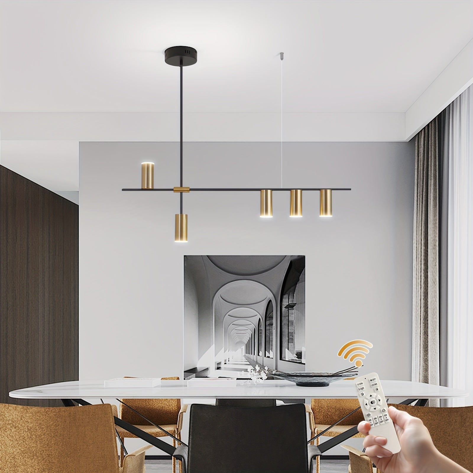 Adjustable dimmable linear pendant light, with remote control, modern LED pendant light design, polished metal lamp head, black and gold hanging light, suitable for kitchen island, dining room and living room