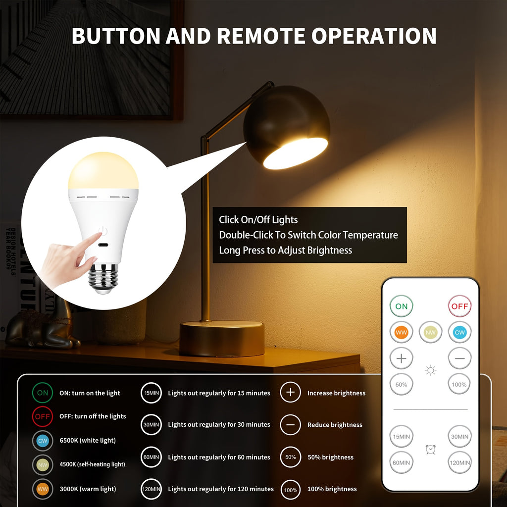 Rechargeable remote control timer bulb, backup battery bulb for wall lamps and desk lamps, emergency rechargeable bulb for non-hardwired fixtures, 3 color temperatures, dimmable, 36V and below