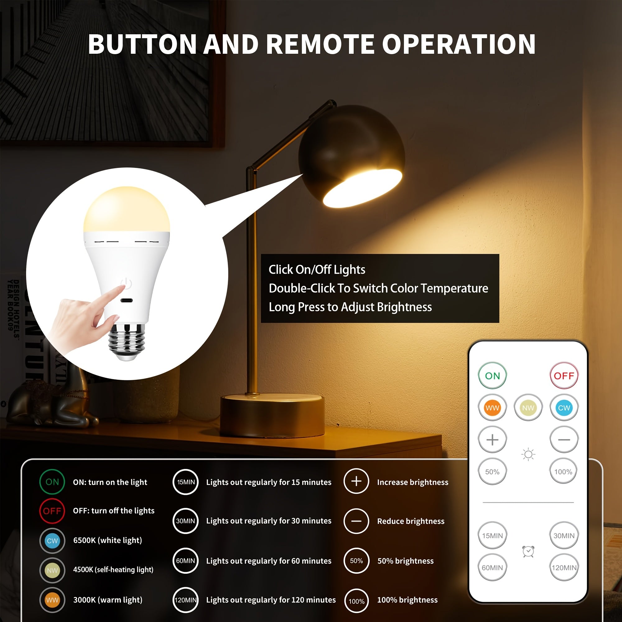 Rechargeable remote control timer bulb, backup battery bulb for wall lamps and desk lamps, emergency rechargeable bulb for non-hardwired fixtures, 3 color temperatures, dimmable, 36V and below