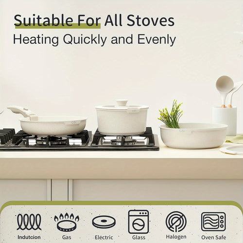 17-Piece Cookware Set, Non-Stick Induction Cookware with Lid, 17Pcs Non-Stick Kitchen Cookware Set with Removable Handle, White