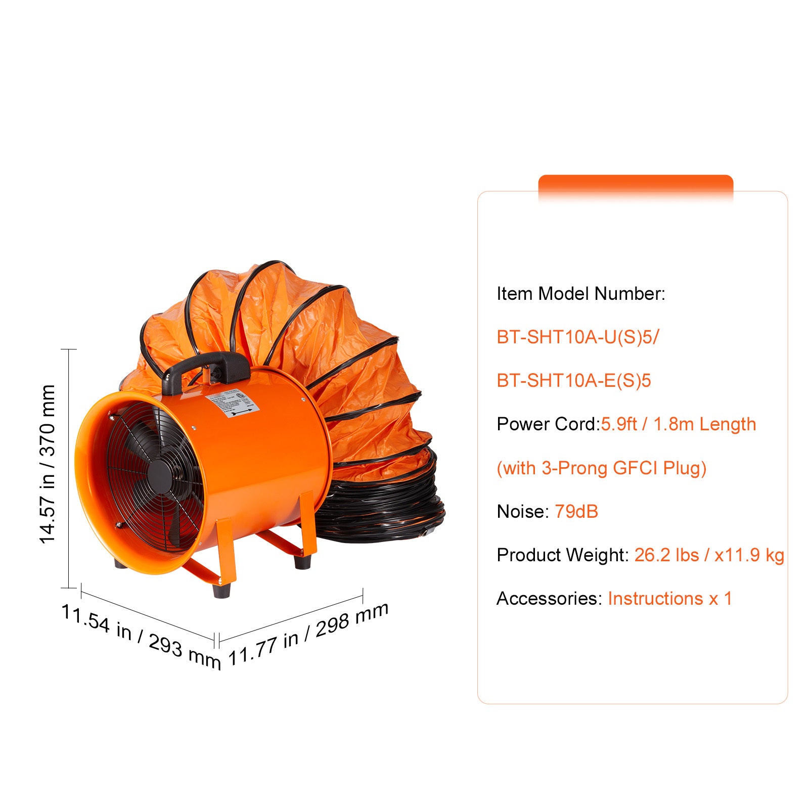 VEVOR Portable Ventilator, 10 Inch Heavy Duty Cylinder Fan with 16.4ft/33ft Duct Hose, 380W Powerful Workshop Exhaust Fan, Model 1893FM, Industrial Utility Blower for Dust & Smoke Removal at Home and Workplace