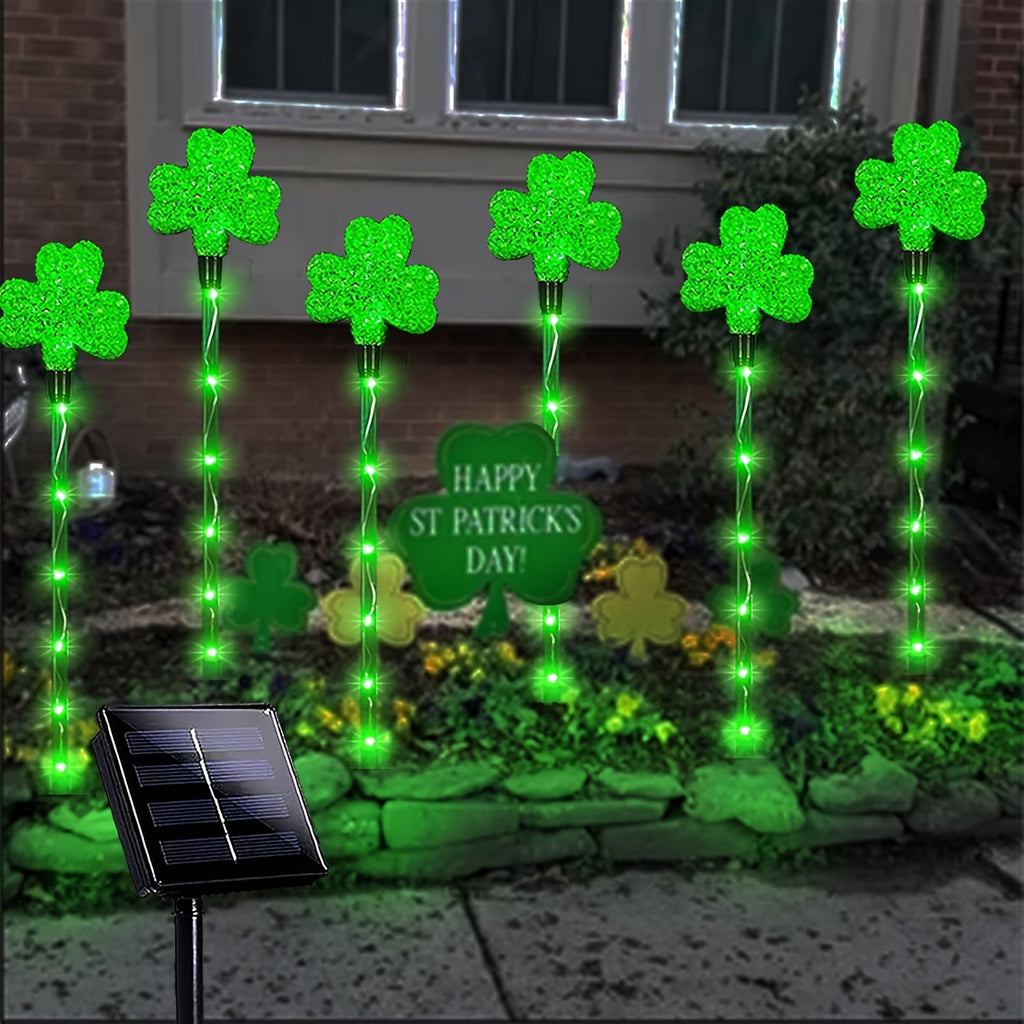 1 Set of 6 Clover Solar Lights, for St. Patrick's Day Decoration, Outdoor Green Garden Wooden Stake Lights, 8-Mode Lucky Clover Light, for St. Patrick's Day, Yard, Path Decoration