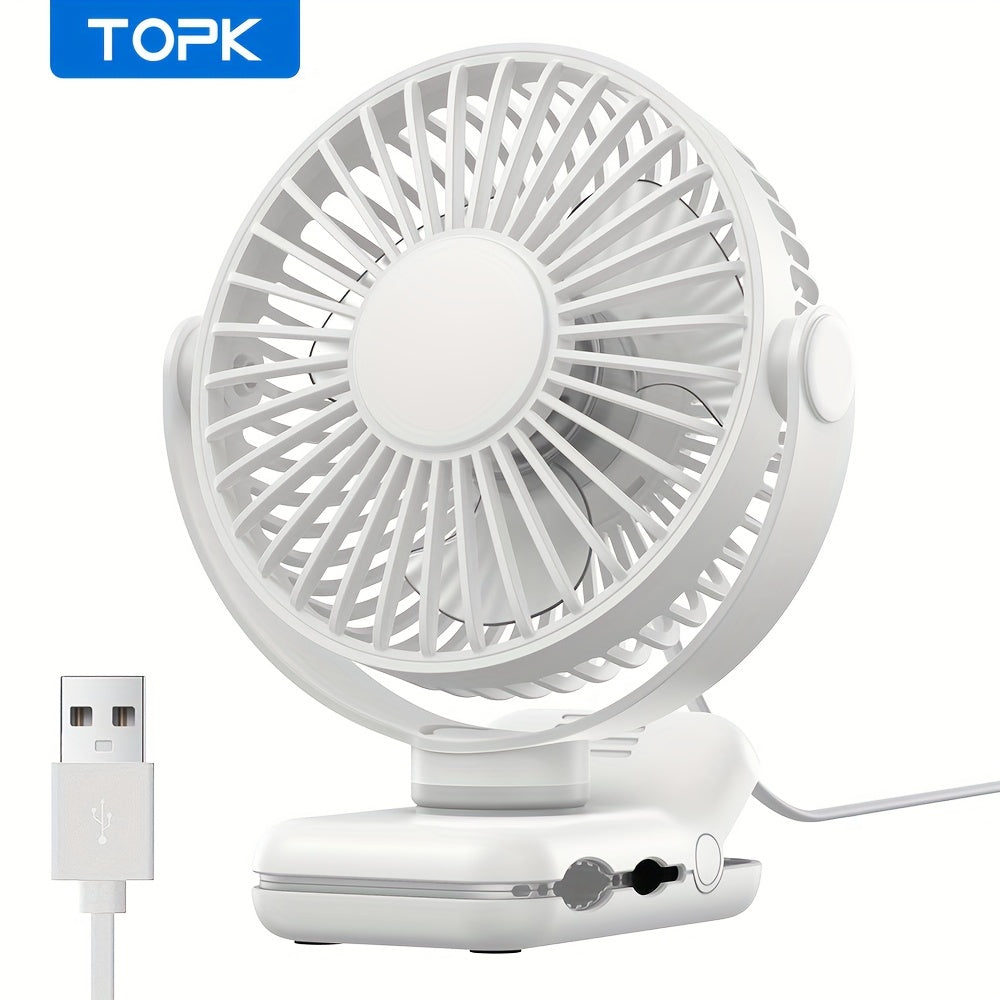 TOPK USB Clip On Desktop Fan, Brushless Motor Low Noise Strong Airflow, Firm Clamp Stable Mounting, Stylish Portable Mini Personal Cooling Fan for Bedroom Office/