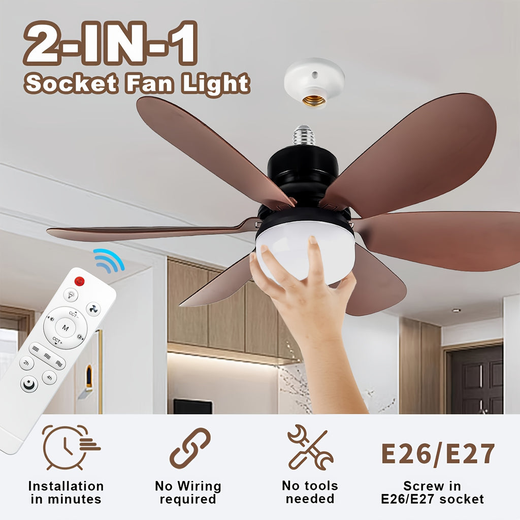 Smart Brown Ceiling Fan Light with Remote, Dimmable LED 3-Color Lighting, 3 Wind Speeds, 6-Blade Fan Light, E27/E26 Base Hardwired, Ideal for Kids' Room, Bedroom, Kitchen, Study, Brown Flush Mount Fan Light.