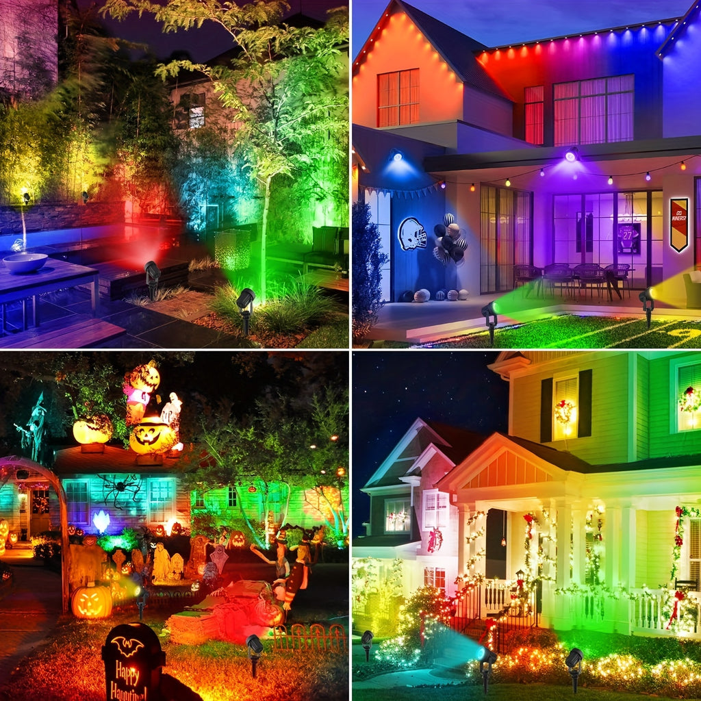A set of outdoor solar spotlights suitable for Christmas and Halloween, with RGB color cycling, LED landscape lighting, 9.8 ft cable, separate solar panel, and dusk-to-dawn function, can be used to illuminate driveways, walkways, and pool areas