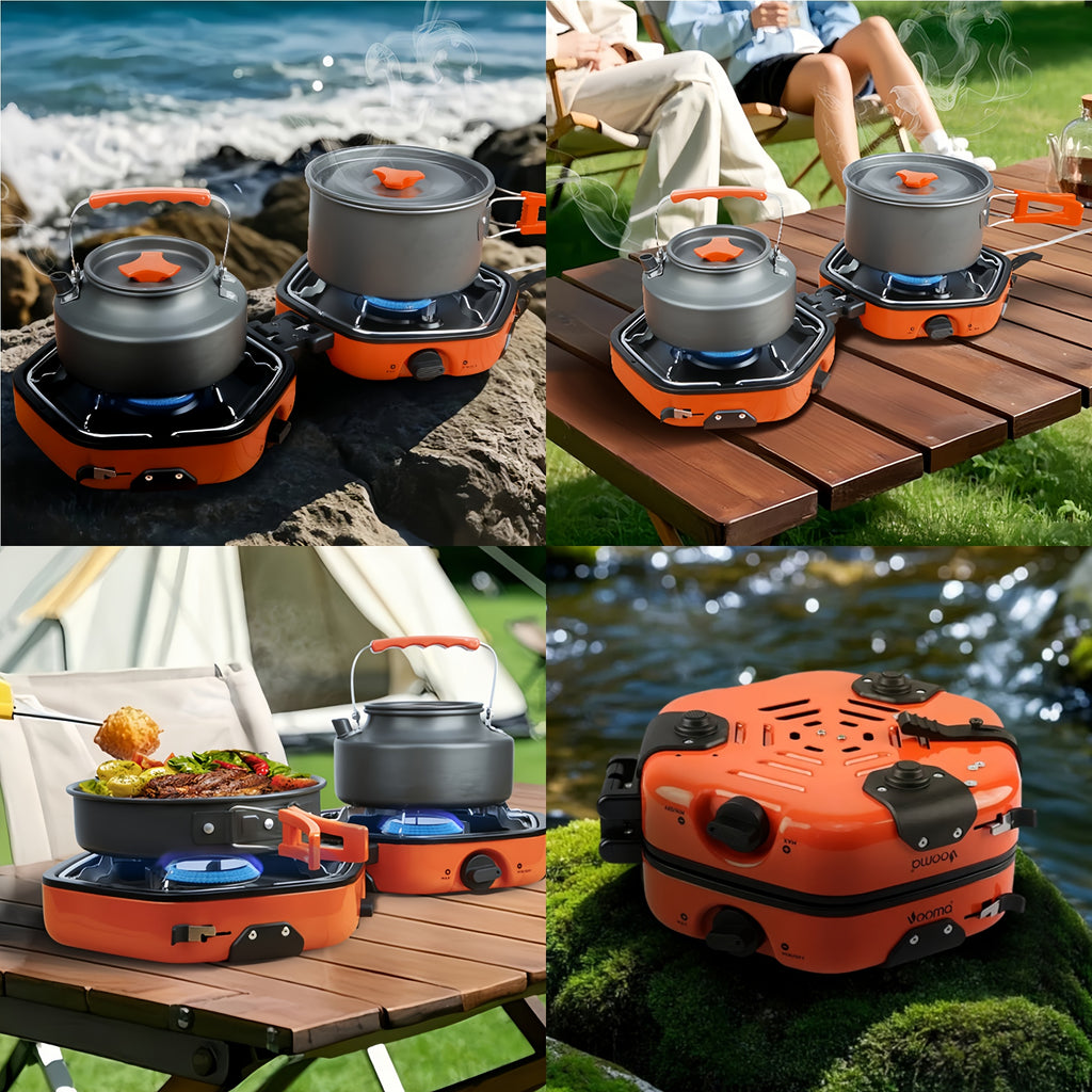 Portable Folding Camping Stove, Dual Burners That Work Simultaneously, Carbon Steel Housing, Built-in Ignition and Flame Control, Ideal for Outdoor Camping, Hiking, Adventure, and More