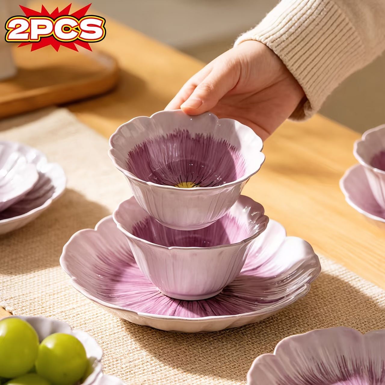2PCS Set, New Purple Flower Bud Ceramic Dinnerware – Steak Plate, Pasta Plate – Perfect for Restaurant & Home Use – Novel Floral Pattern Plate, Fruit Salad Bowl, Exquisite Personalized Tableware, Fine Kitchen Dinnerware, Gift