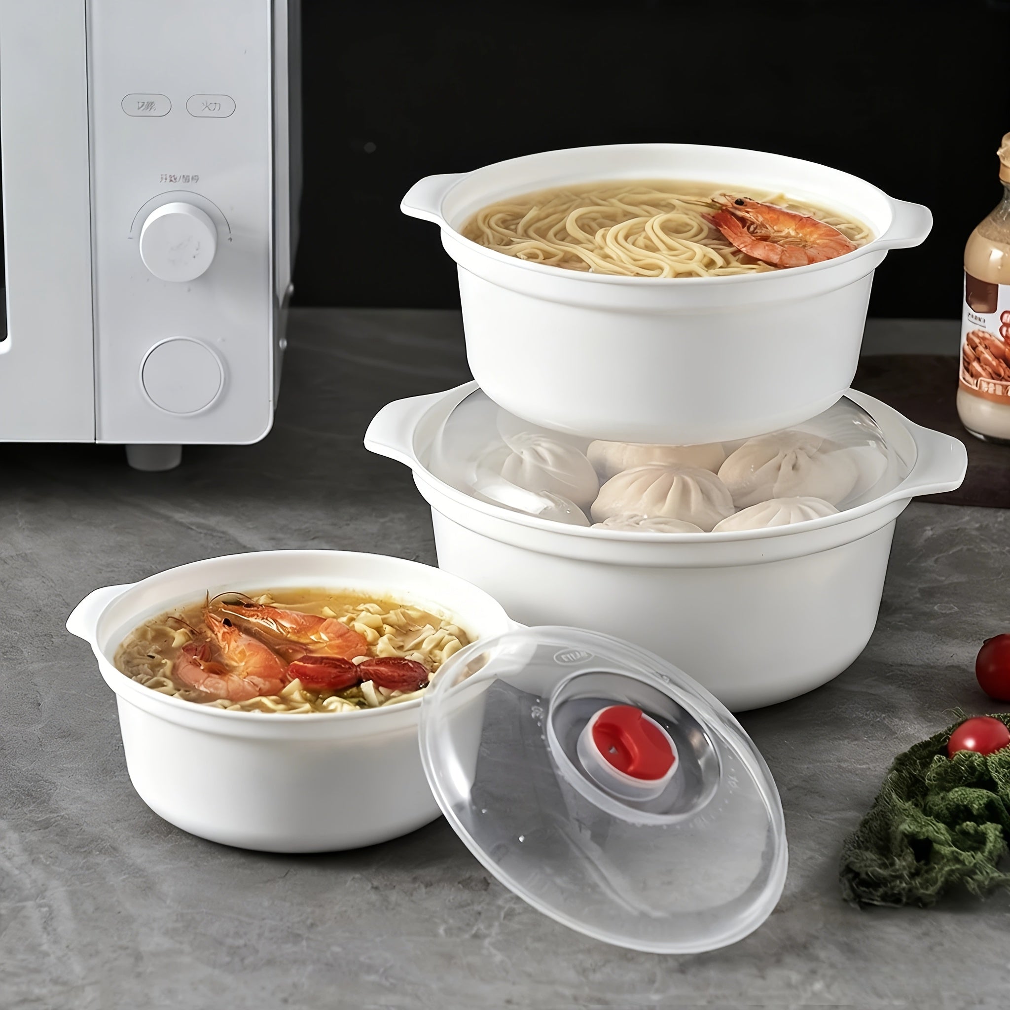 微波炉可加热的碗具,圆形食品级PP5碗具套装（含盖） 健康安全放心 可用于汤碗，饭碗，菜碗 方便面碗 蒸笼加热包子馒头食物, 1-3分钟即可加热食物 厨房好帮手,高端厨房用餐体验