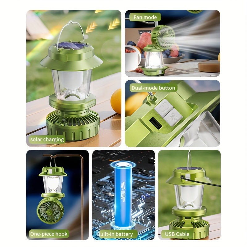 1 Smiling Shark Rechargeable Fan Light - Type-C Solar Charging, 5 Modes LED Flashlight & Cooling Fan, Built-in Lithium Battery, Portable Camping Lantern, Ideal for Tent, Outdoor, Hiking, Emergency (Power Supply)