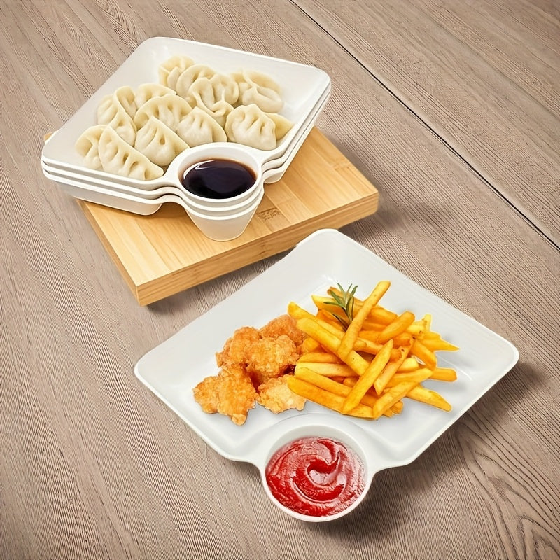 7.3x6.6 Compartment Snack Plate Set, Plastic Divided Dumpling Plate / Sushi Plate / Fry Dipping Plate with Sauce Area, Unbreakable, Microwave & Dishwasher Safe
