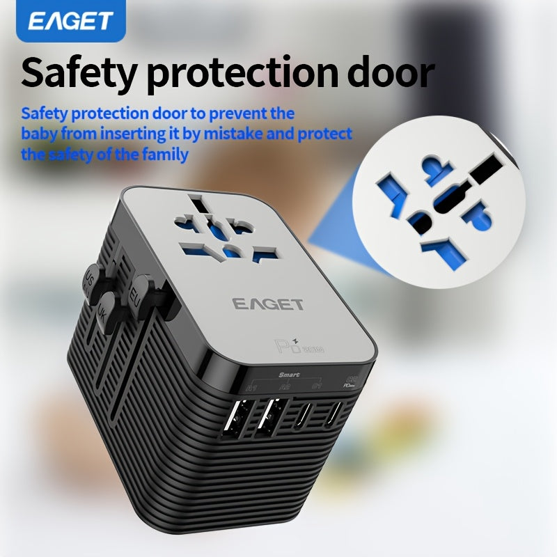 1pc Eaget Greatest Universal Travel Adapter Plus+ Power Strips | 2Usb And 2Type-C Ports, 100V-250V Input, Us/Eu/Uk/Au Plugs, Short-Circuit Protection, All-In-One Wall Charger High-Speed Travel Adapter For Over 350+ Countries