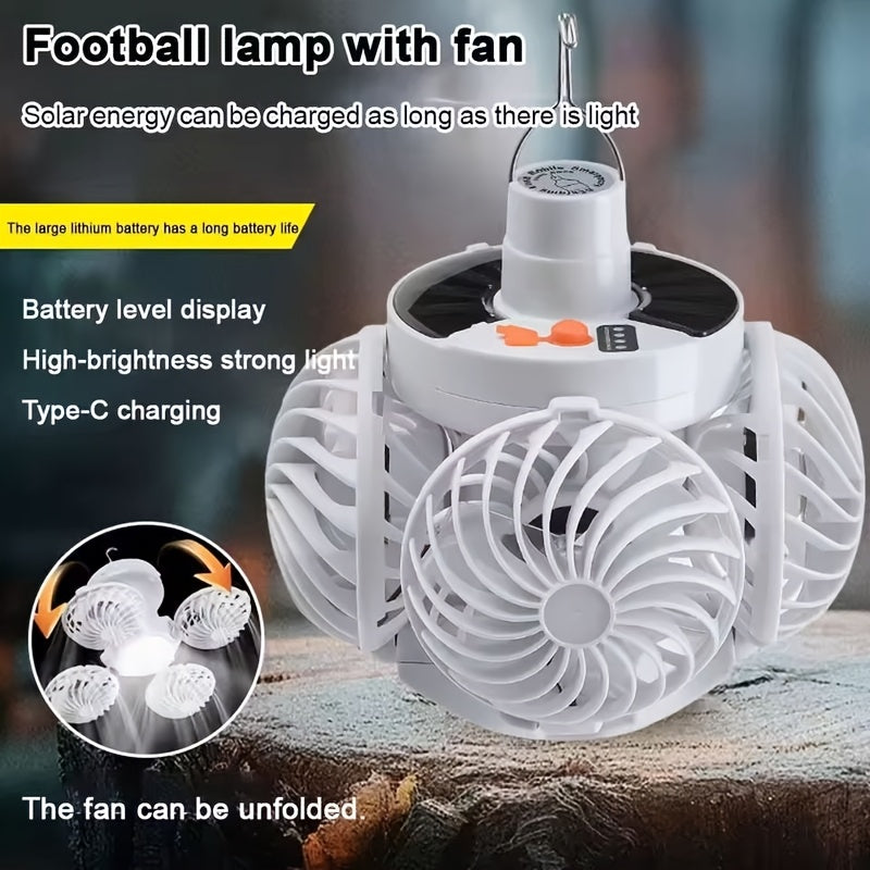 1Pc Solar & USB Rechargeable Tent Light, Portable LED Fan Light, 3 Modes Outdoor Camping Lantern, Emergency Work Light with Hook, Power Indicator, Foldable Emergency Flashlight, Ideal for Fishing, Hiking, BBQ and Outdoor Lighting