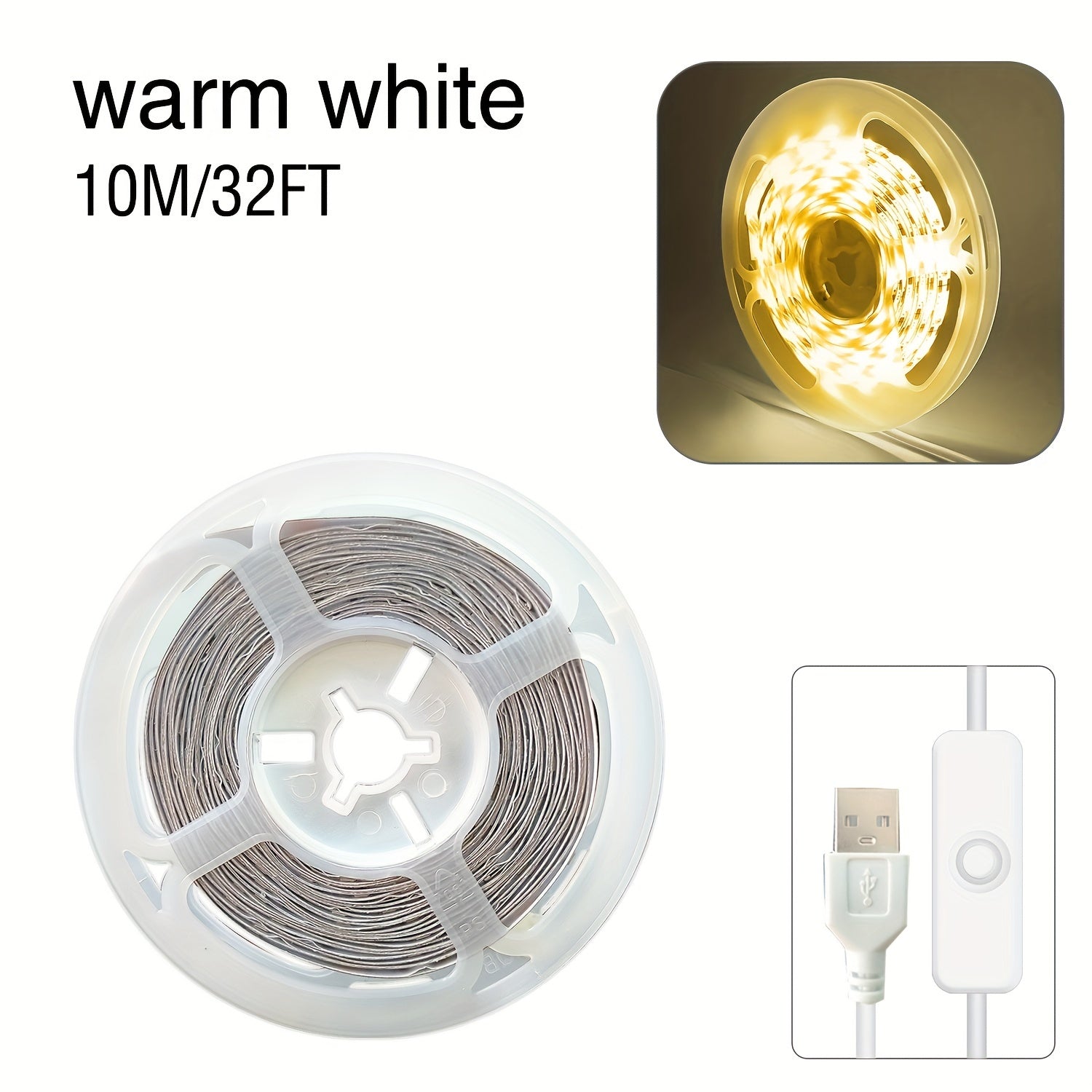 BJ-5VRGB 暖/白LED灯5V自带开关按钮， USB供电，高显色，灵活，可粘贴，可裁剪。卧室，衣柜，厨柜，家庭可DIY照明