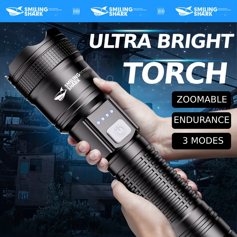 1PC SMILING SHARK Rechargeable Flashlight Super Bright Tactical Flashlight Zoomable LED Spotlight 3 Lighting Modes Portable Light for Hiking Camping Fishing Outdoor Emergency SD5242A