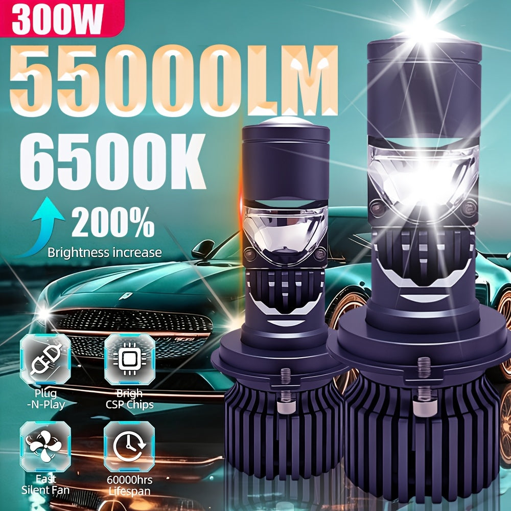 2PCS LED汽车车灯-H4/9003/HB2-55000LM,300W远近光，6500K冷白灯，搭载3570 CSP芯片，配备12000转涡轮散热风扇与360度广角光束
