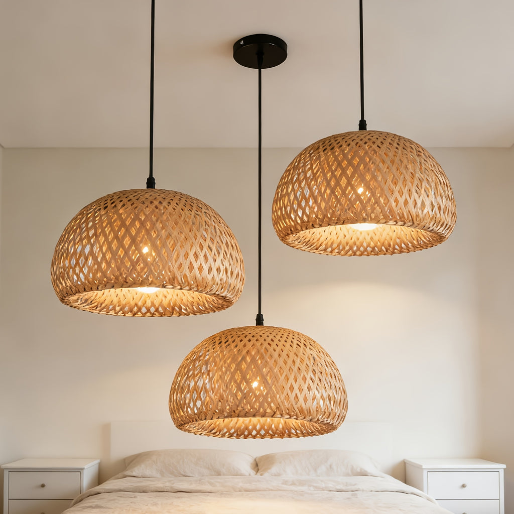 Bamboo pendant light, 3-pack bohemian hand-woven basket pendant light, bohemian bamboo chandelier, hardwired ceiling pendant light, bamboo woven wicker chandelier, suitable for bedroom, kitchen, living room.