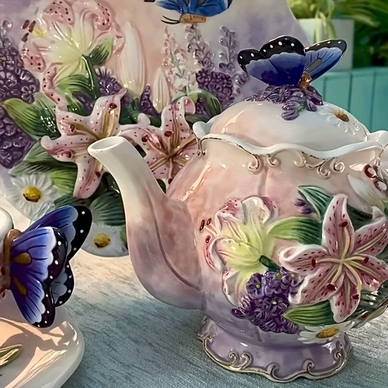 Christmas Gift, Jane Eyre Series Lily & Butterfly Teapot, Exquisite Relief Craftsmanship, Vibrant Colors, 13.53oz