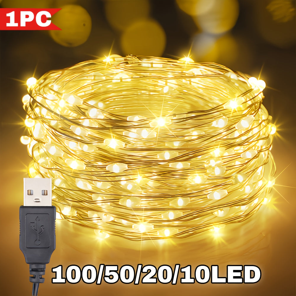 1件装USB LED串灯，100/50/30/10灯珠可选，USB供电铜线花环灯，暖白色调，适用于圣诞、情人节、感恩节装饰，墙面装饰、春季装饰、卧室、客厅、婚礼、派对、生日礼物及礼品包装