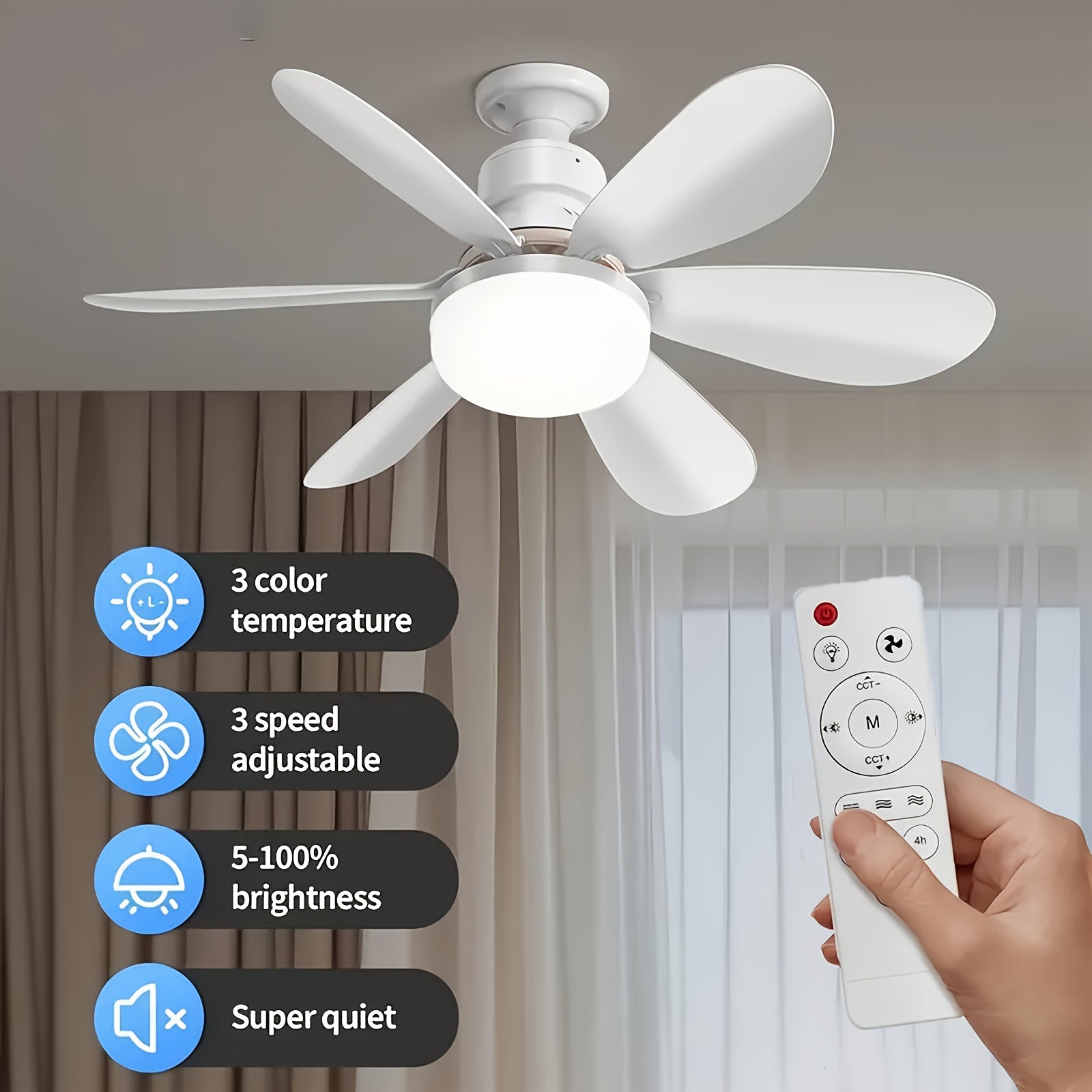20.5/16.5 Inch White Multi-Color Flush Mount Ceiling Fan Light with Remote, E27/E26 Base 6-Blade LED Fan Light, 3 Light Colors & 3 Wind Speeds, 40W Bulb Replacement Ceiling Fan Lamp Perfect for Bedroom Home Use