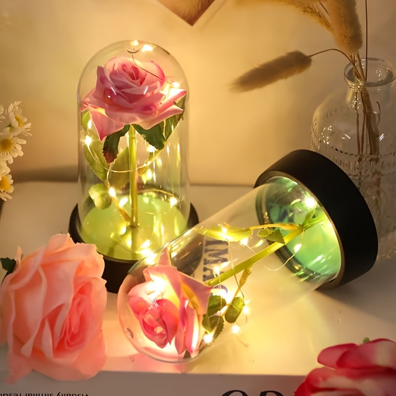 1PC 永恒玫瑰花夜灯 - 永恒玫瑰装饰（Indoor light string），柔和发光，电池供电（含3颗纽扣电池），PVC 圆顶屋，适合浪漫家居或办公室装饰、节日装饰，装饰性LED玫瑰，逼真的仿花，情人节装饰品