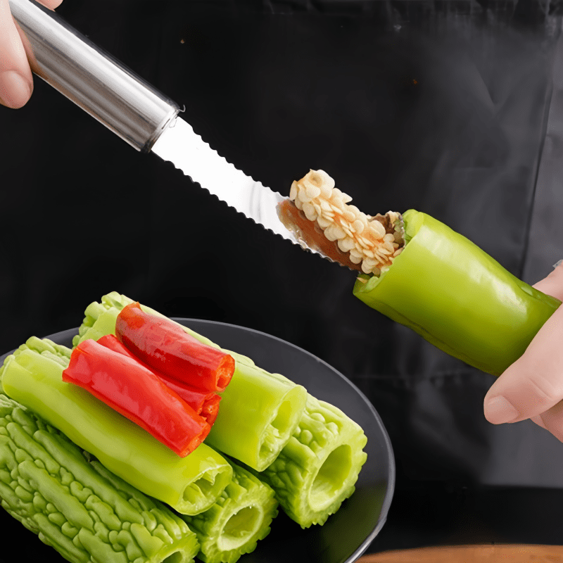 Household Chili Corer, Multifunctional Serrated Stainless Steel Pepper Seed Remover, Kitchen Tool for Seeding Bell Pepper Chili Bitter Melon