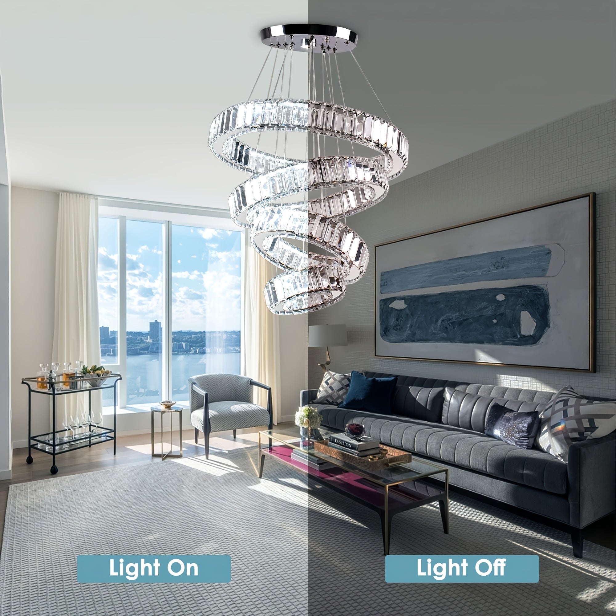 Modern LED pendant light, crystal chandelier, with 4 rings, suitable for dining room, bedroom and living room, diameter 7.9" to 19.7"