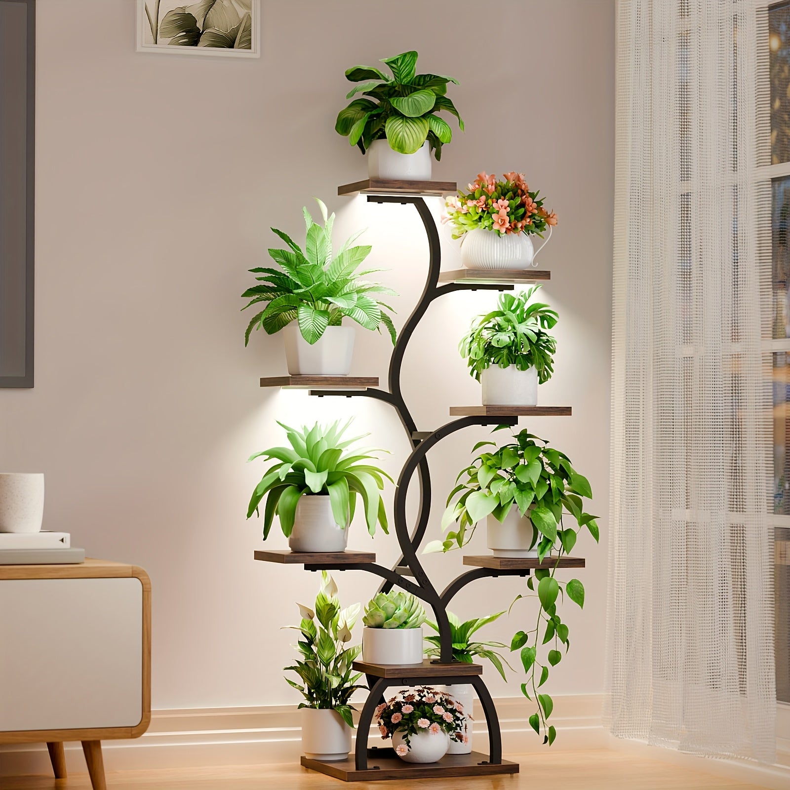 8-Tier Corner Plant Stand with Grow Light, 49 Inch Tall Single-Piece Indoor Metal Shelf, Multi-Functional Compact Display Rack for Plants Decorations Photo Frames