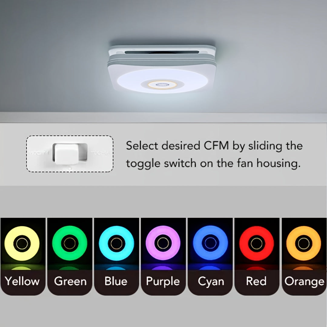 Modern Smart Bathroom Fan with Wireless Speaker & Remote Control - Ultra Quiet Dual Speed 110/160 CFM, 1500LM 3-Color Dimmable LED Light (2700K/4000K/6500K), Music Sync RGB Ambient Light