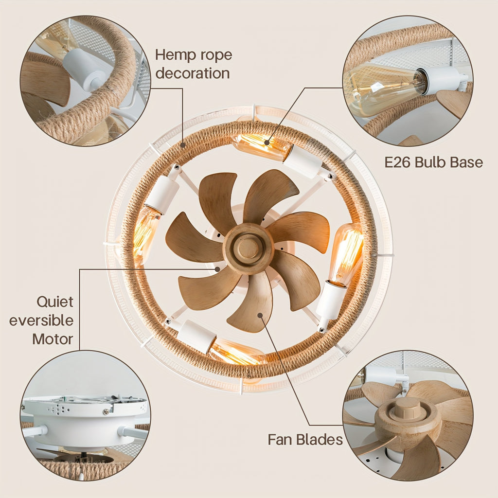 19.7 Inch Bohemian Ceiling Fan with Lights & Remote - Low-Profile Rattan Farmhouse Design, 6-Speed Leafless Fan, Matte Metal Finish, Infrared Remote, for Bedroom/Living Room/Kitchen (Black/White, Bulbs Not Included)