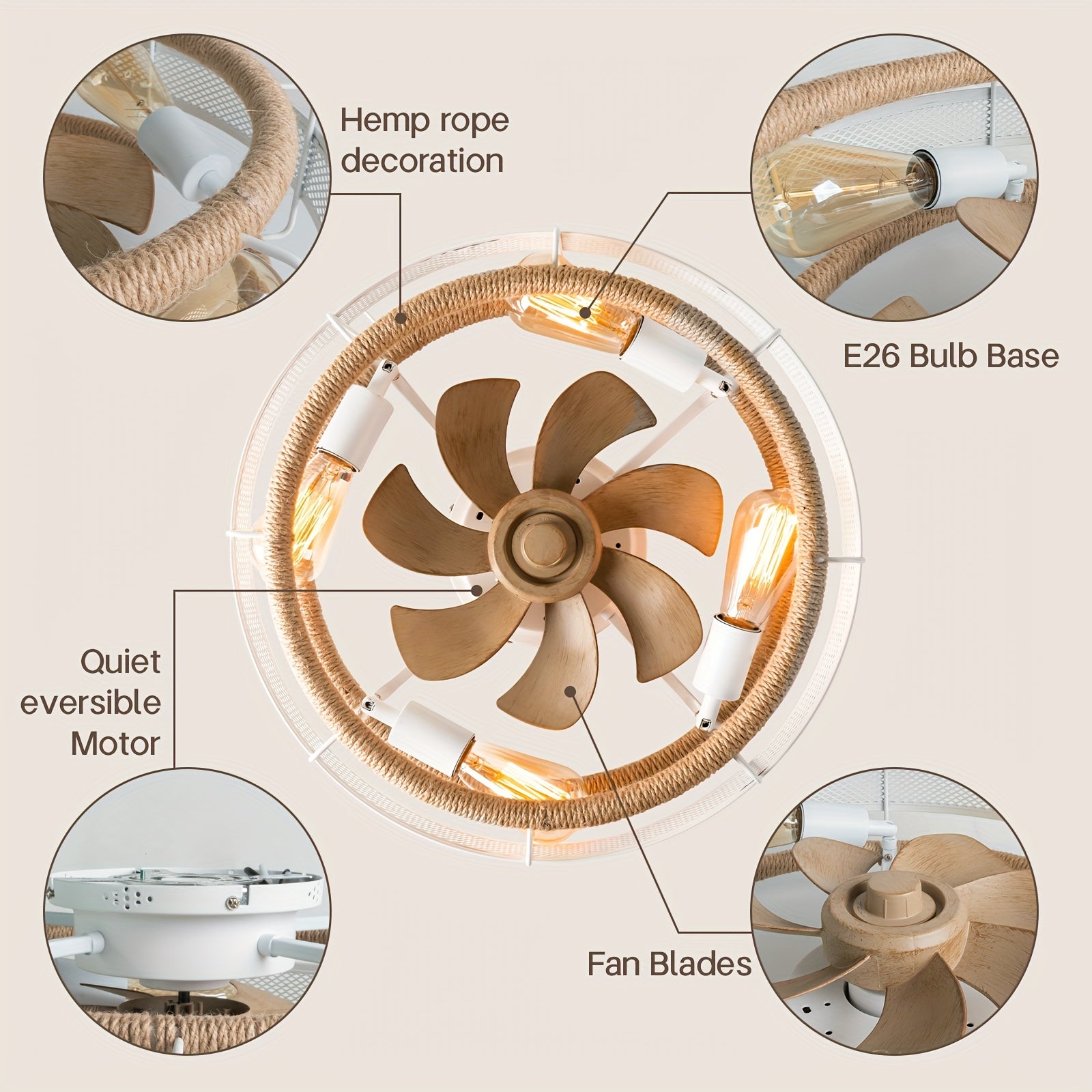 19.7 Inch Bohemian Ceiling Fan with Lights & Remote - Low-Profile Rattan Farmhouse Design, 6-Speed Leafless Fan, Matte Metal Finish, Infrared Remote, for Bedroom/Living Room/Kitchen (Black/White, Bulbs Not Included)